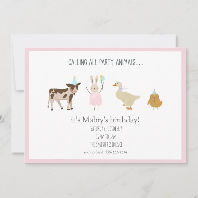Calling All Party Animals Girl Birthday Invitation (Front)