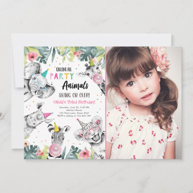 Calling All Party Animals Girl Safari Birthday Inv Invitation (Front)