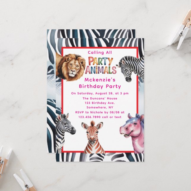 Calling All Party Animals Girls' Birthday Party Invitation (Front/Back In Situ)