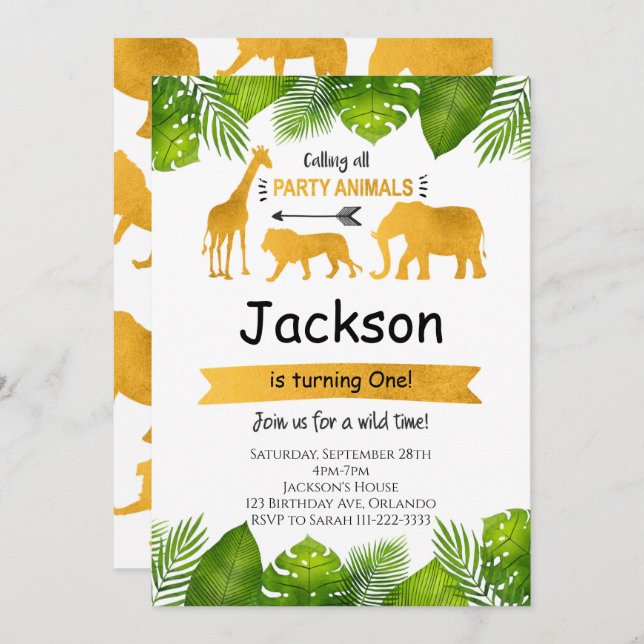 Calling All Party Animals Golden Safari Invite (Front/Back)
