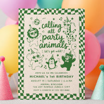 Calling All Party Animals Green RETRO 1st Birthday