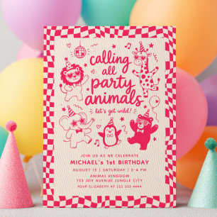 Calling All Party Animals Hot Pink 1st Birthday Invitation