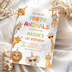Calling All Party Animals Safari 1st Birthday Invitation