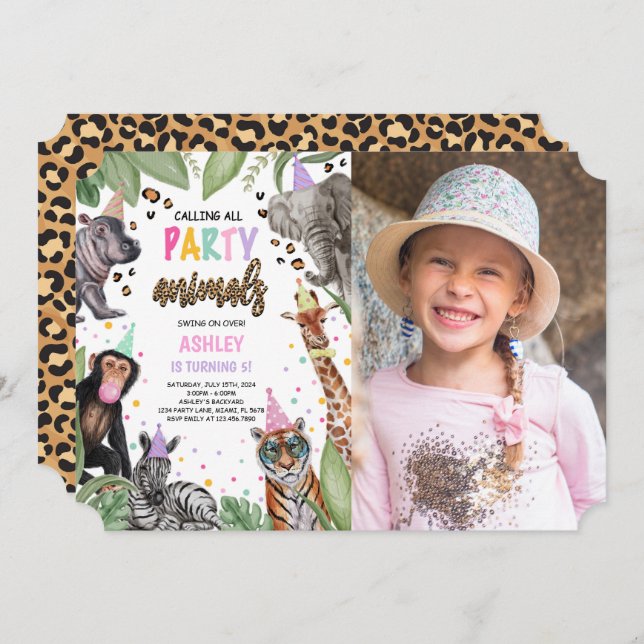 Calling All Party Animals Safari Birthday Photo Invitation (Front/Back)