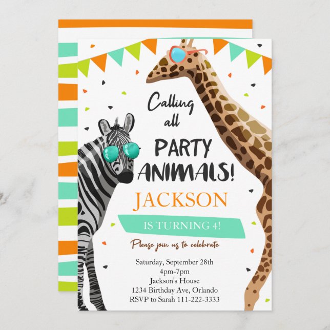 Calling All Party Animals Safari Jungle Invite (Front/Back)