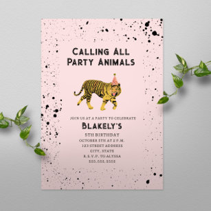 Calling All Party Animals Tiger Pink Birthday Invitation