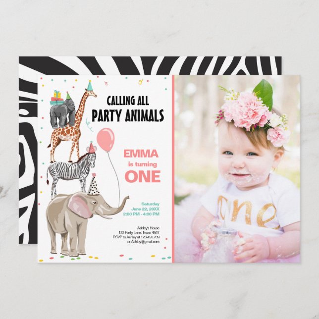Calling All Party Animals Zoo Wild Girl Birthday Invitation (Front/Back)