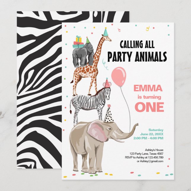 Calling All Party Animals Zoo Wild Girl Birthday Invitation (Front/Back)