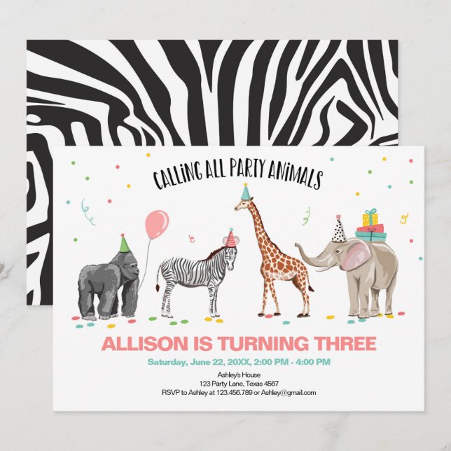 Calling All Party Animals Zoo Wild Girl Birthday Invitation (Front/Back)