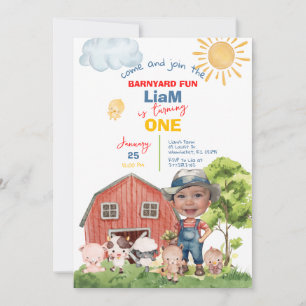 Calling All Party Farm Animals 1st Birthday Photo Invitation