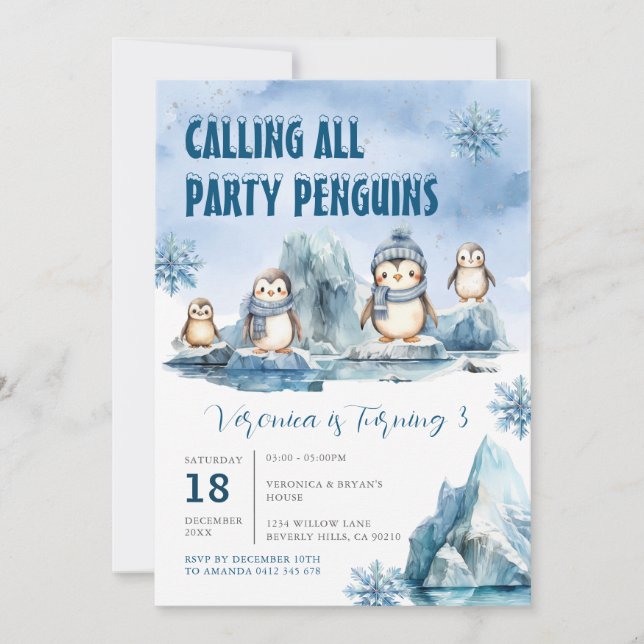 Calling All Party Penguins Arctic Animals Birthday Invitation (Front)