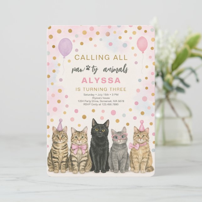 Calling All Paw-ty Animals Kitten Birthday Party Invitation (Standing Front)