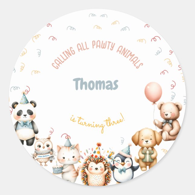 Calling all pawty animals birthday party classic round sticker (Front)