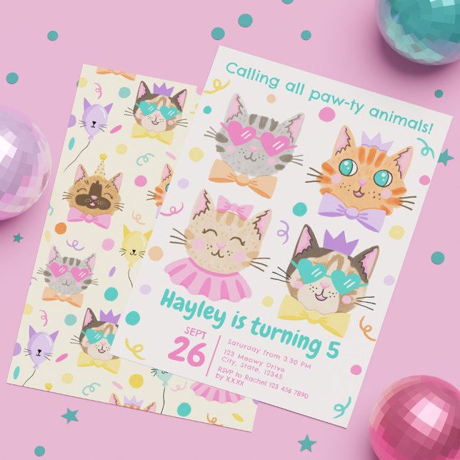 Calling All Pawty Animals Cute Kitty Cat Birthday Invitation (Calling All Pawty Animals Cute Kitty Cat Birthday Invitation)
