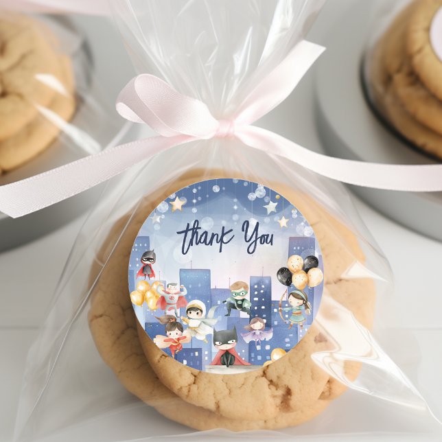 Calling all superheroes kids thank you classic round sticker (Creator Uploaded)