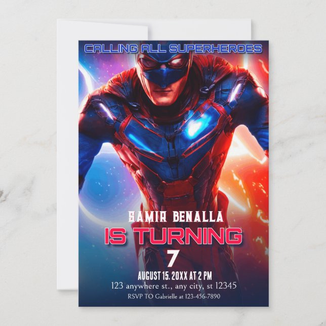 Calling All Superheroes Movie Poster Birthday Invitation (Front)