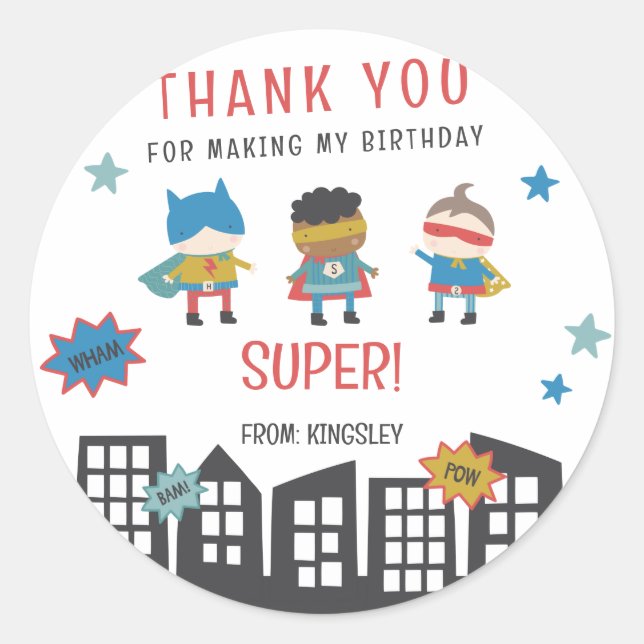 Calling all Superheroes!  Superhero Birthday Party Classic Round Sticker (Front)