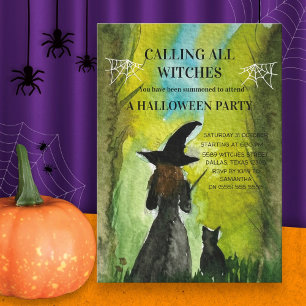 Calling All Witches Black Cat Spooky Halloween Invitation