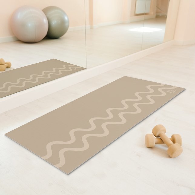 Calm Beige Modern Minimal Wavy Lines With Initials Yoga Mat (Disclaimer: This image is a digital mockup.)