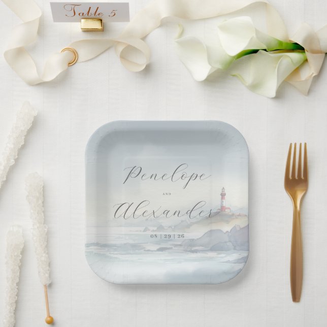 Calm Blue Coastal Lighthouse Paper Plate (Wedding)