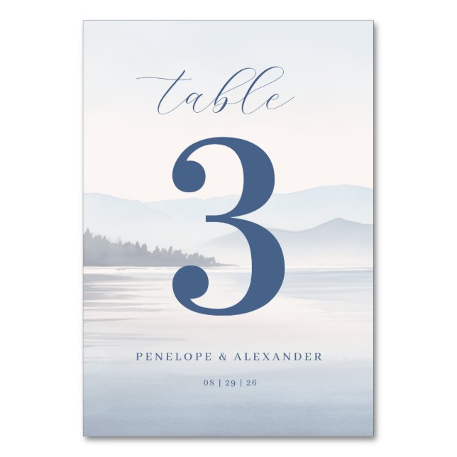 Calm Blue Mountain Landscape Table Number (Front)