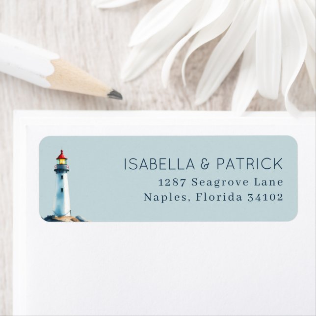 Calm Blue Watercolor Lighthouse Return Address Label (Insitu)