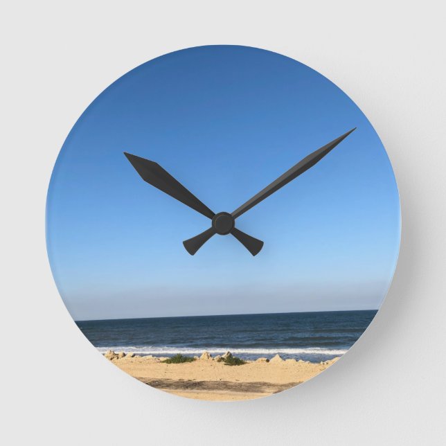 Calm chic modern beach water blue sky wall clock (Front)