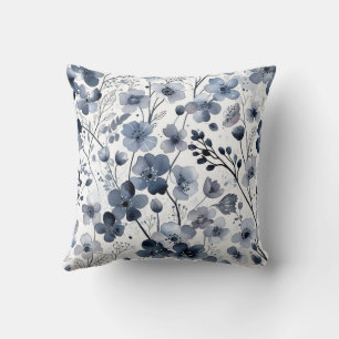 Calm Cottagecore Indigo Blue Floral Pattern Design Cushion