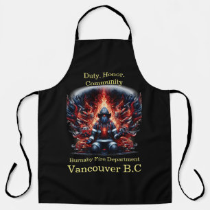 Calm firefighter among flames and trucks apron