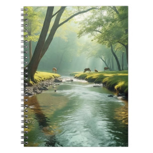 Calm forest landscape with clear stream reflection notebook