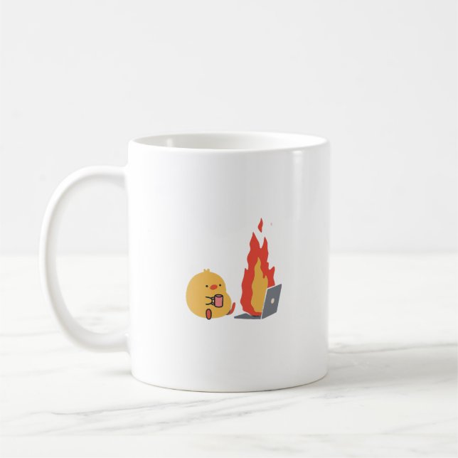 Calm in Chaos – Cute Yellow Bird & Fiery Laptop Mu Coffee Mug (Left)