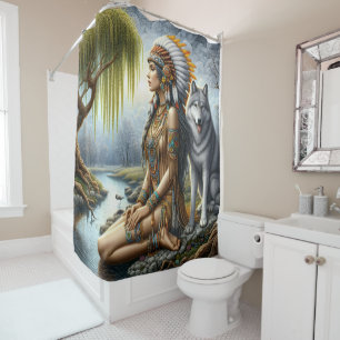 Calm Indian woman with wolf by river Shower Curtain