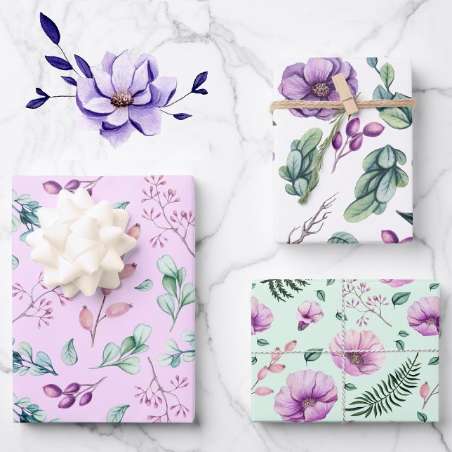 Calm Lavender & Green Floral 3 Coordinates Wrapping Paper Sheet (Creator Uploaded)