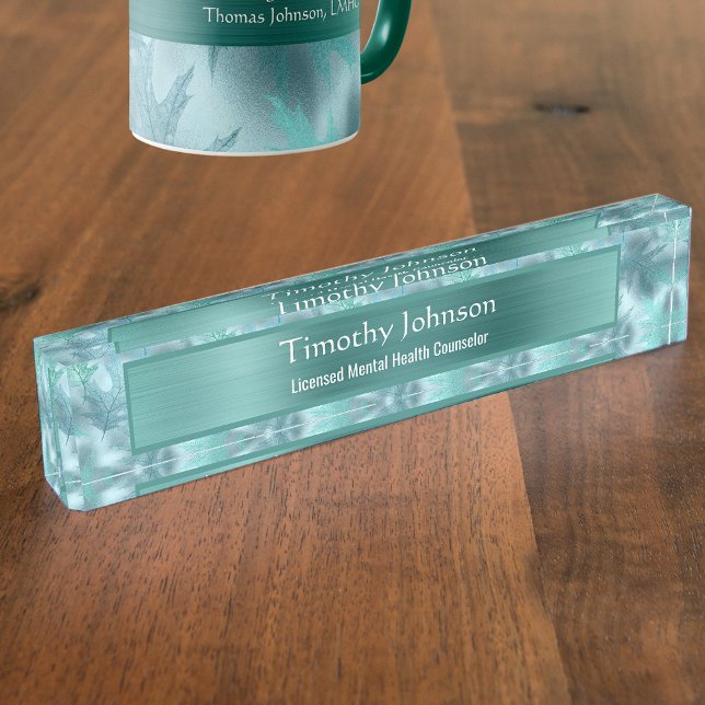 Calm Leafy Teal Shimmer PsychotherapIst Counsellor Nameplate (Creator Uploaded)