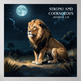 Calm Lion in Wild at Night Stars and Moon Faith Poster