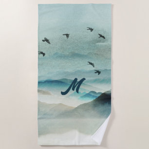 Calm Monogrammed Nature Watercolor Mountain Scene Beach Towel