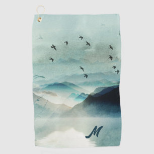 Calm Monogrammed Nature Watercolor Mountain Scene  Golf Towel