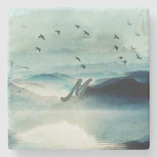 Calm Monogrammed Nature Watercolor Mountain Scene Stone Coaster (Front)