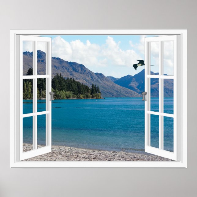 Calm Mountain Lake Artificial Window View Poster (Front)