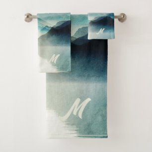 Calm Nature Watercolor Mountain Scene Monogrammed Bath Towel Set