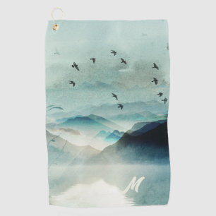 Calm Nature Watercolor Mountain Scene Monogrammed Golf Towel