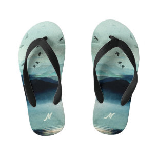 Calm Nature Watercolor Mountain Scene Monogrammed Kid's Thongs