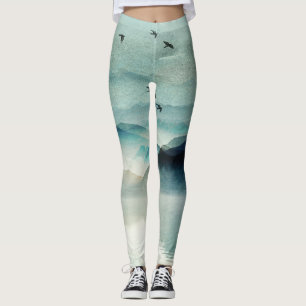 Calm Nature Watercolor Mountain Scene Monogrammed Leggings
