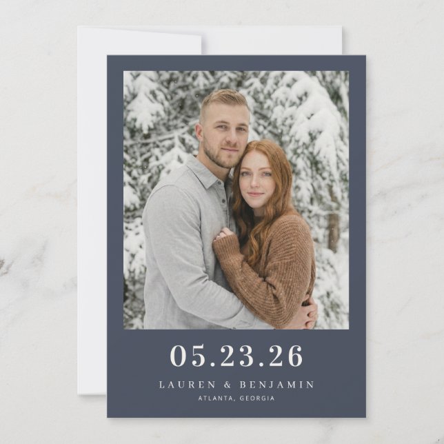 Calm Navy Minimalist Photo Save The Date (Front)