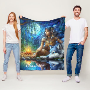 Calm night by river with Native and wolf Fleece Blanket