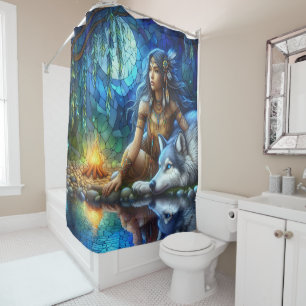 Calm night by river with Native and wolf Shower Curtain