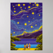 Calm Nightscape Sky, Stars, Lake Retro Painting