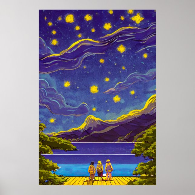 Calm Nightscape Sky, Stars, Lake Retro Painting Poster (Front)