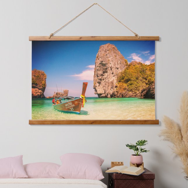 Calm Ocean Beach with Boat & Rocks Hanging Tapestry (Bedroom)