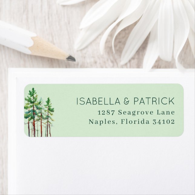 Calm Pastel Green Watercolor Pine Trees Return Address Label (Insitu)